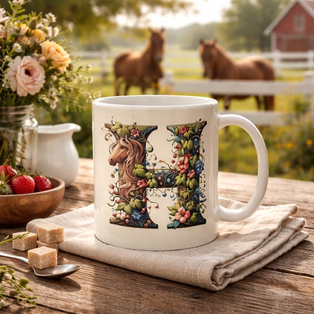 Brev H Horse and Flower Vine Kaffemugg (Skapare uppladdad)