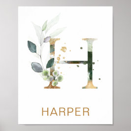 Brev H Monogram Grönt & guld foliage Nursery Poster