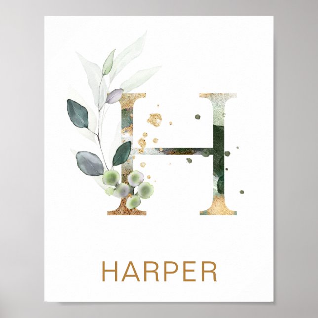 Brev H Monogram Grönt & guld foliage Nursery Poster (Framsidan)