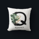 Brev H Monogram Handflatan Löv Tropical Throw Pill Kudde<br><div class="desc">Anpassade brev Q monogramkudde med vattenfärgade tropiska monstera löv,  faux guld foil löv och svarta vattenfärgshålpenselaccenter. Anpassa den här tropiska monogramkudden genom att lägga till ditt namn eller annan information. Denna buho brev Q-monogramkudde kommer att bli en perfekt som gåva. Andra brev finns tillgängliga.</div>