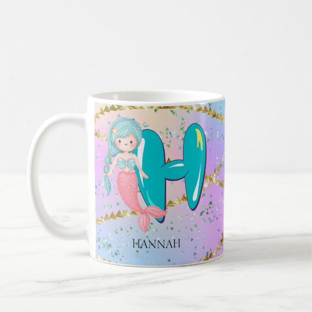 Brev H Monogram Watercolor Cute Sjöjungfru Nursery Kaffemugg (Vänster)