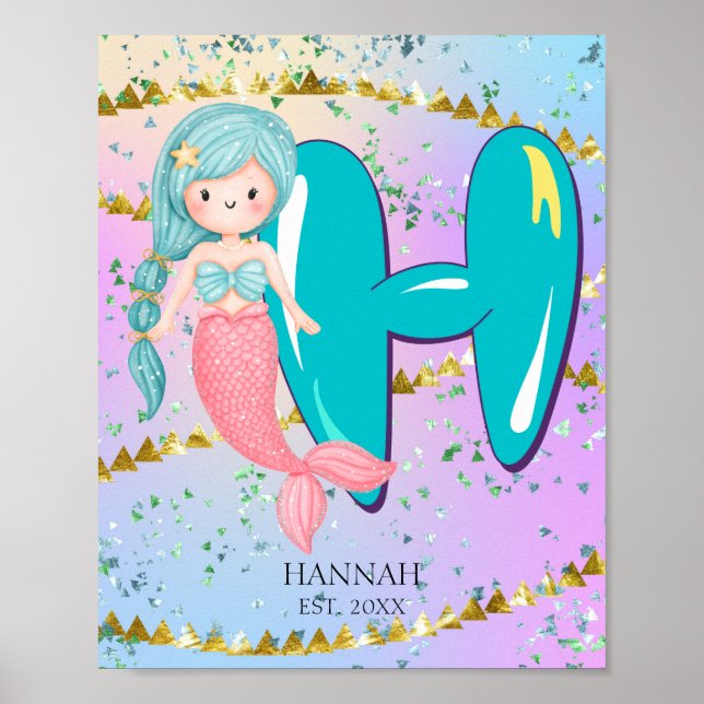 Brev H Monogram Watercolor Cute Sjöjungfru Nursery Poster (Framsidan)