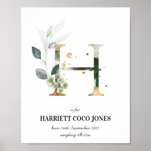 Brev H Nyfödd bebis Monogram Birth Print Greenery Poster