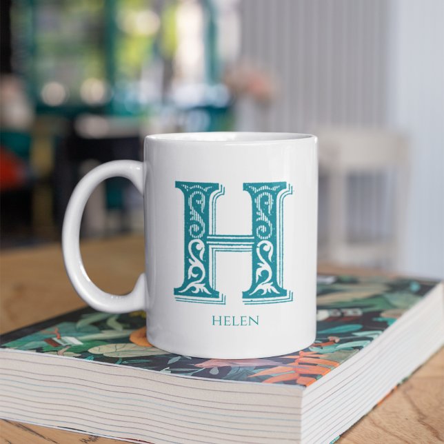 Brev H Teal Monogram Modern Namn Kaffemugg (Skapare uppladdad)