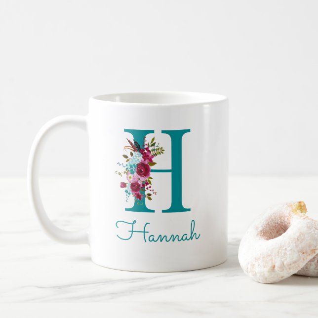 Brev H Teal Rosa Blommig Kaffemugg (Med munk)