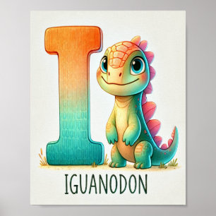 Brev I, Dinosaur Alphabet Watercolor Poster