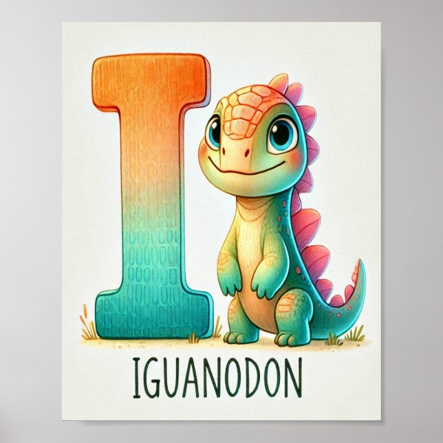 Brev I, Dinosaur Alphabet Watercolor Poster (Framsidan)