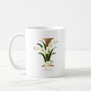 Brev I Guld Monogram White Blommigt Orchids Kaffemugg
