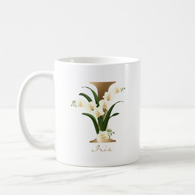 Brev I Guld Monogram | White Blommigt Orchids Kaffemugg (Vänster)