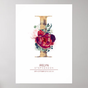 Brev I Monogram Blommigt Burgundy Red och Guld Poster