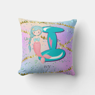 Brev I Monogram Watercolor Cute Sjöjungfru Nursery Kudde