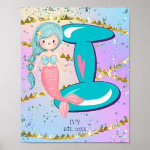Brev I Monogram Watercolor Cute Sjöjungfru Nursery Poster