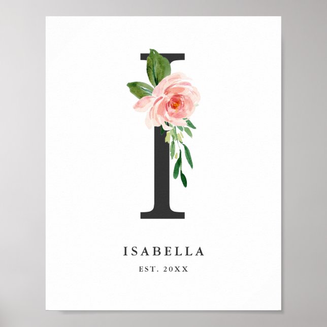 Brev I Monogram Watercolor Peach Blommigts Nursery Poster (Framsidan)