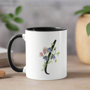Brev " I " Monogrammed Black Script Blommigt" Mugg