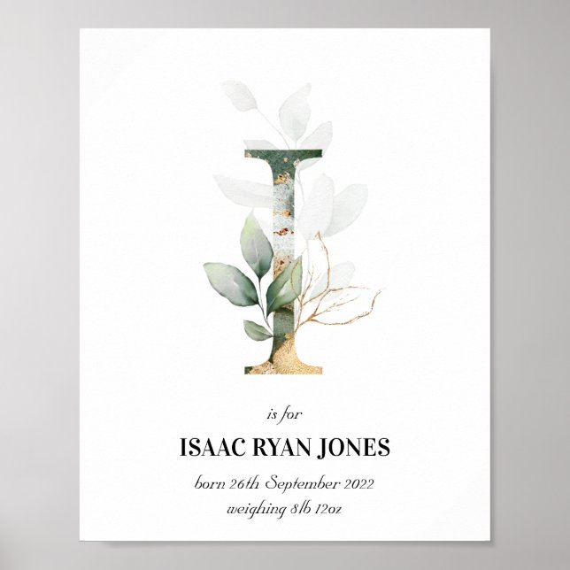 Brev I Nyfödd bebis Monogram Birth Print Greenery Poster (Framsidan)