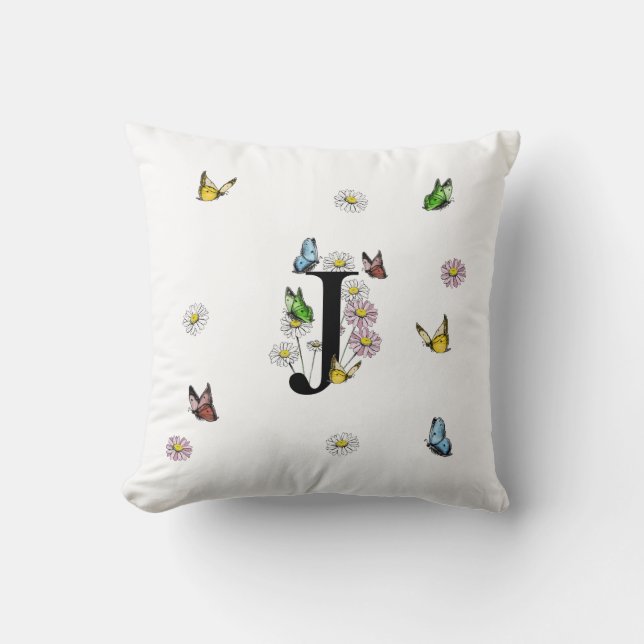 Brev J Blommigt Butterfly Monogram Initial Kudde (Framsida)