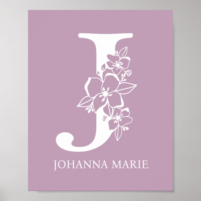 Brev J Blommigt Monogram Namn Nursery Modern Poster (Framsidan)