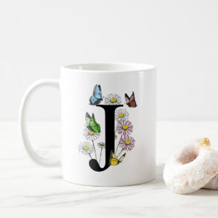 Brev J Botanical Watercolor Butterfly Monogram Kaffemugg
