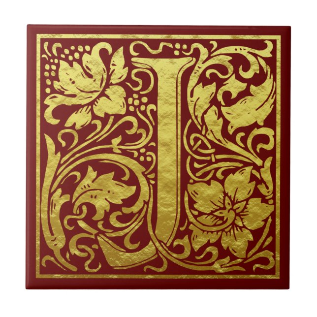 Brev J Första Brev Faux Guld Red Kakelplatta (Framsidan)