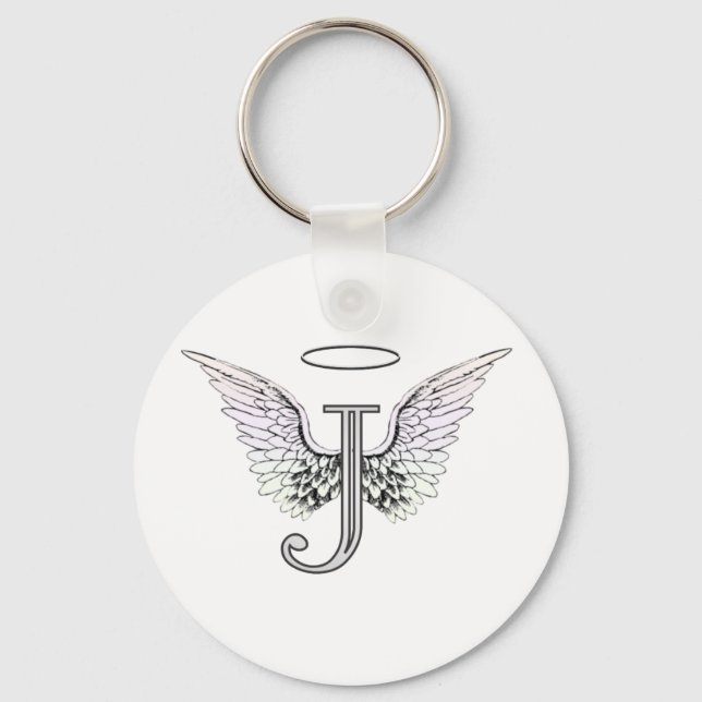 Brev J Initial Monogram med Angel Vingar & Halo Nyckelring (Framsida)