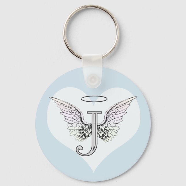 Brev J Initial Monogram med Angel Vingar & Halo Nyckelring (Framsida)