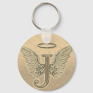 Brev J Initial Monogram med Angel Vingar & Halo Nyckelring