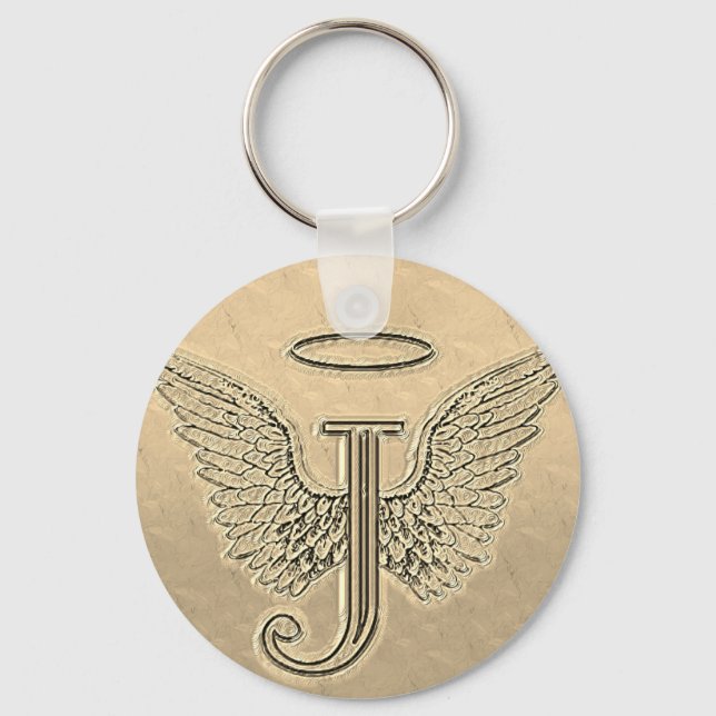 Brev J Initial Monogram med Angel Vingar & Halo Nyckelring (Framsida)