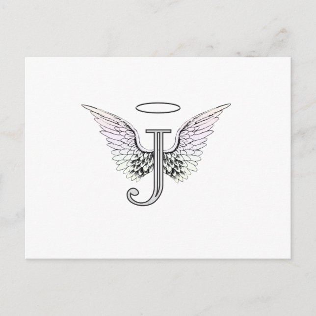 Brev J Initial Monogram med Angel Vinge & Halo Vykort (Framsida)