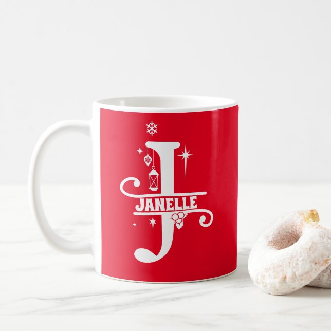 Brev J jul Monogram Initial Namn Red Kaffemugg (Med munk)