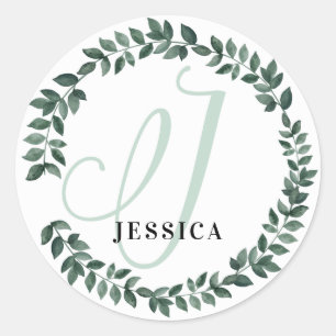 Brev J Monogram Anpassat Namn Minimalistisk Botani Runt Klistermärke