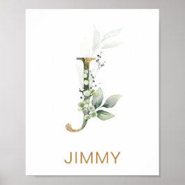 Brev J Monogram Grönt & guld foliage Nursery Poster
