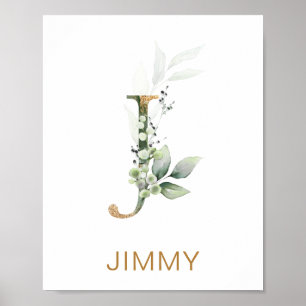 Brev J Monogram Grönt & guld foliage Nursery Poster