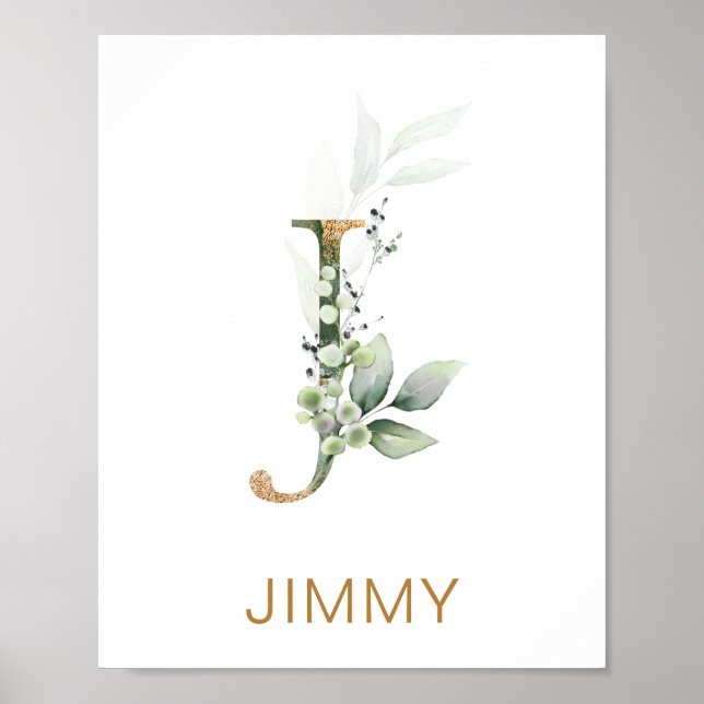 Brev J Monogram Grönt & guld foliage Nursery Poster (Framsidan)