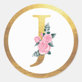 Brev J Monogram Rosa ros Blommigt och Elegant Guld Runt Klistermärke