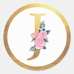 Brev J Monogram Rosa ros Blommigt och Elegant Guld Runt Klistermärke