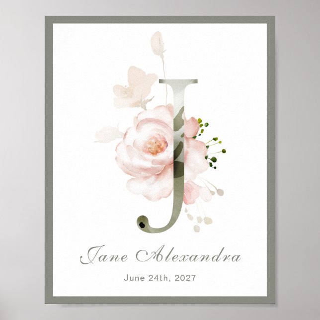 Brev J Monogram Rosa Vit Blommigt Nursery Poster (Framsidan)