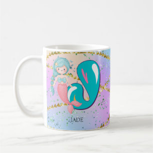 Brev J Monogram Watercolor Cute Sjöjungfru Nursery Kaffemugg