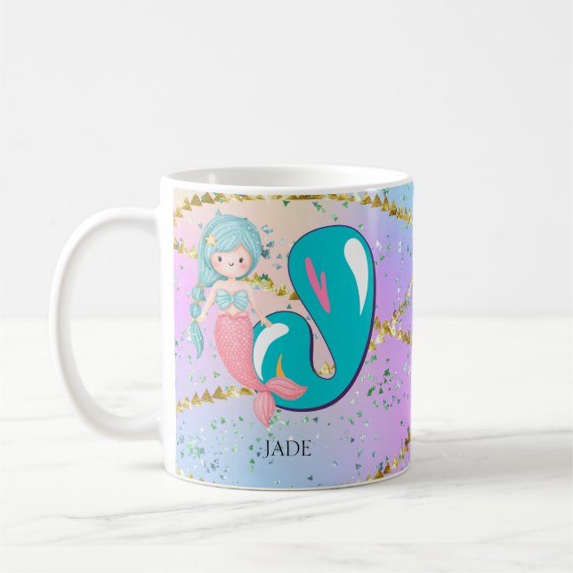 Brev J Monogram Watercolor Cute Sjöjungfru Nursery Kaffemugg (Vänster)