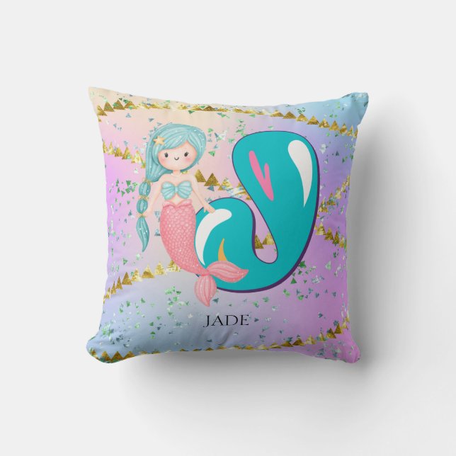 Brev J Monogram Watercolor Cute Sjöjungfru Nursery Kudde (Framsida)