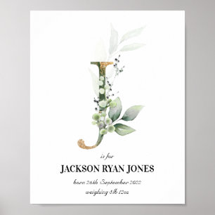 Brev J Nyfödd bebis Monogram Birth Print Greenery Poster