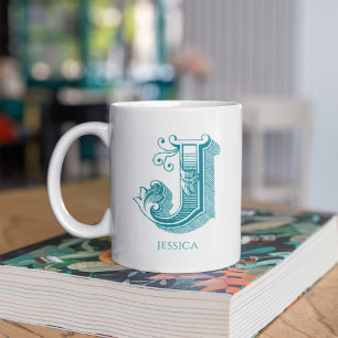 Brev J Teal Monogram Modern Namn-kaffe Mugg