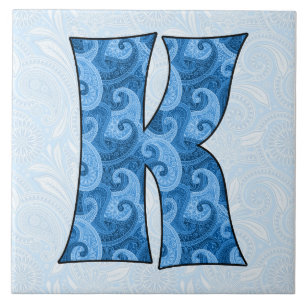 Brev K - 6-tumsbricka i Monogrammed Blue Paisley Kakelplatta