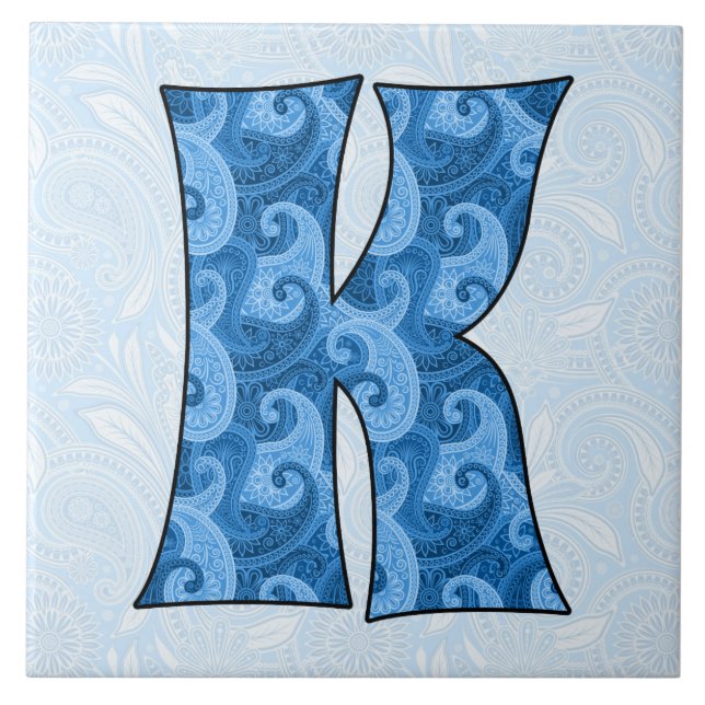 Brev K - 6-tumsbricka i Monogrammed Blue Paisley Kakelplatta (Framsidan)