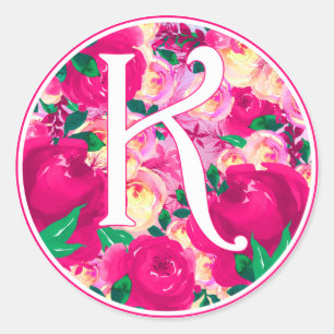 Brev K Blommigt av vattenfärgscirkel för Rosa Runt Klistermärke