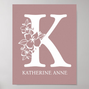 Brev K Blommigt Monogram Namn Nursery Modern Poster