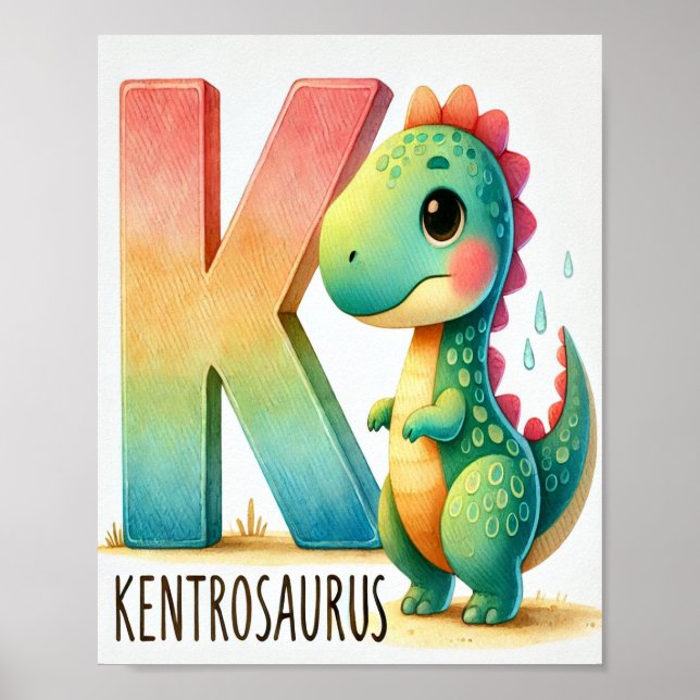 Brev K, Dinosaur Alphabet Watercolor Poster (Framsidan)