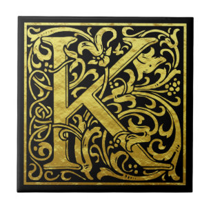 Brev K, första Brev Faux Guld Black Kakelplatta
