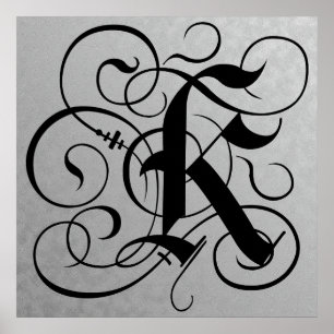 Brev K, Gothic Monogram Black Poster