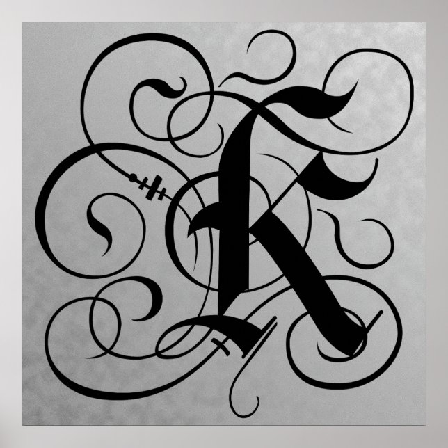 Brev K, Gothic Monogram Black Poster (Framsidan)