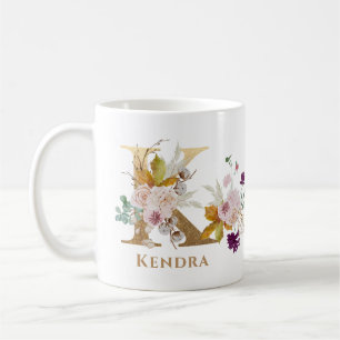 Brev K - Guld Blommigt Namn-systervän med medarbet Kaffemugg